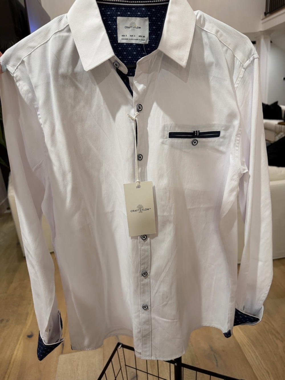 Craft & Flow Men's White Button-Down Shirt with Navy Contrast